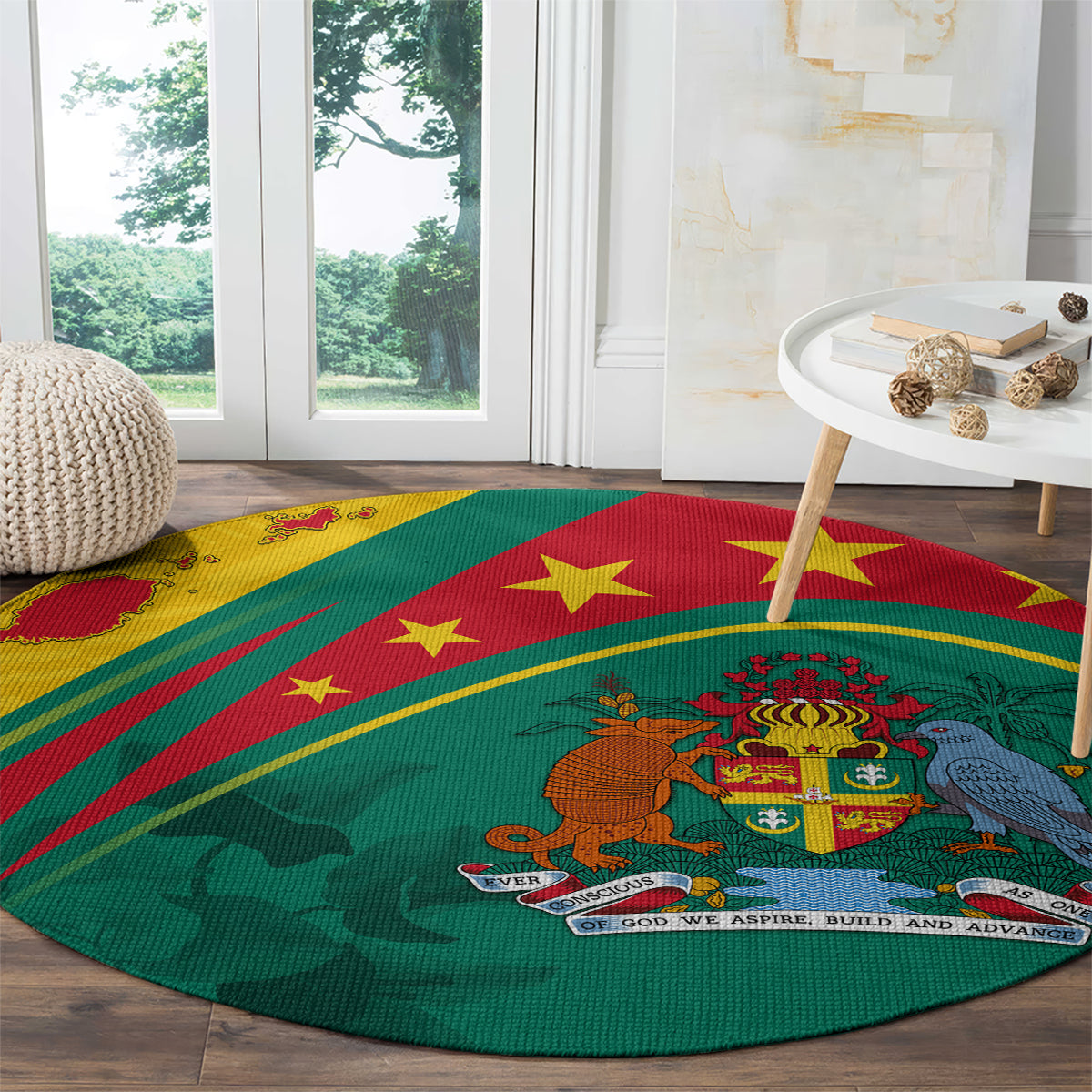 Round green rug with red and gold stars, teal stripes, and an illustrated heraldry crest