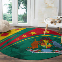 Round green rug with red and gold stars, teal stripes, and an illustrated heraldry crest