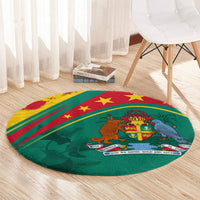 Round green carpet rug with star stripes and detailed animal-and-crest illustration