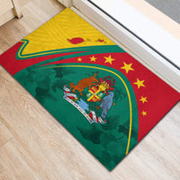 Green rubber doormat featuring red border, yellow field, and star crest graphic