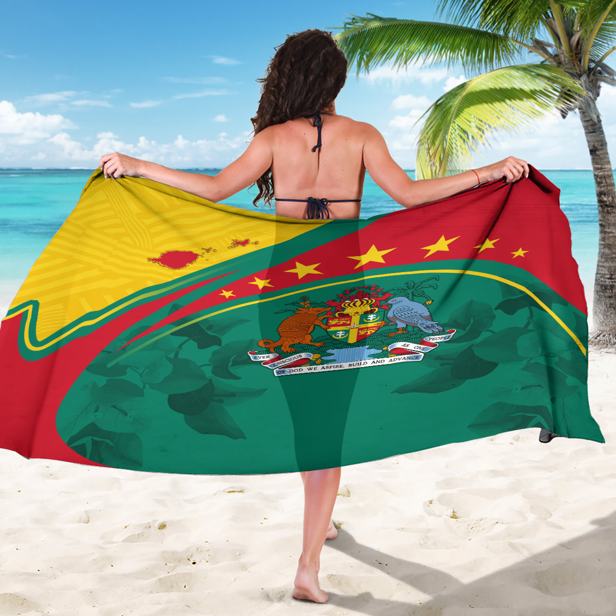 Grenada flag sarong, green and red with yellow side, rows of gold stars