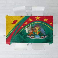 Green tablecloth with red panel, yellow trim, stars and coat-of-arms motif