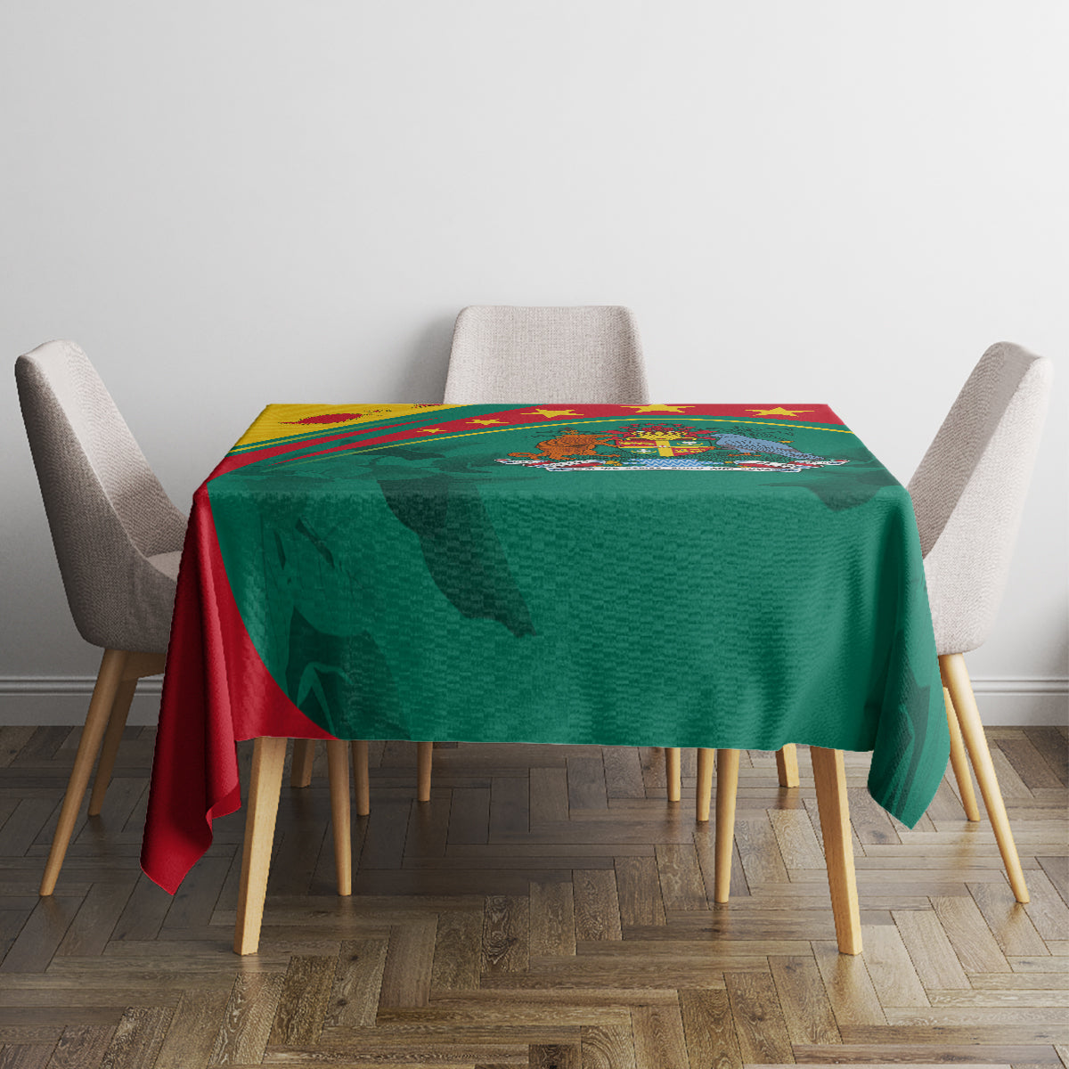 Green tablecloth with red border and yellow-trimmed design, centered on dining table
