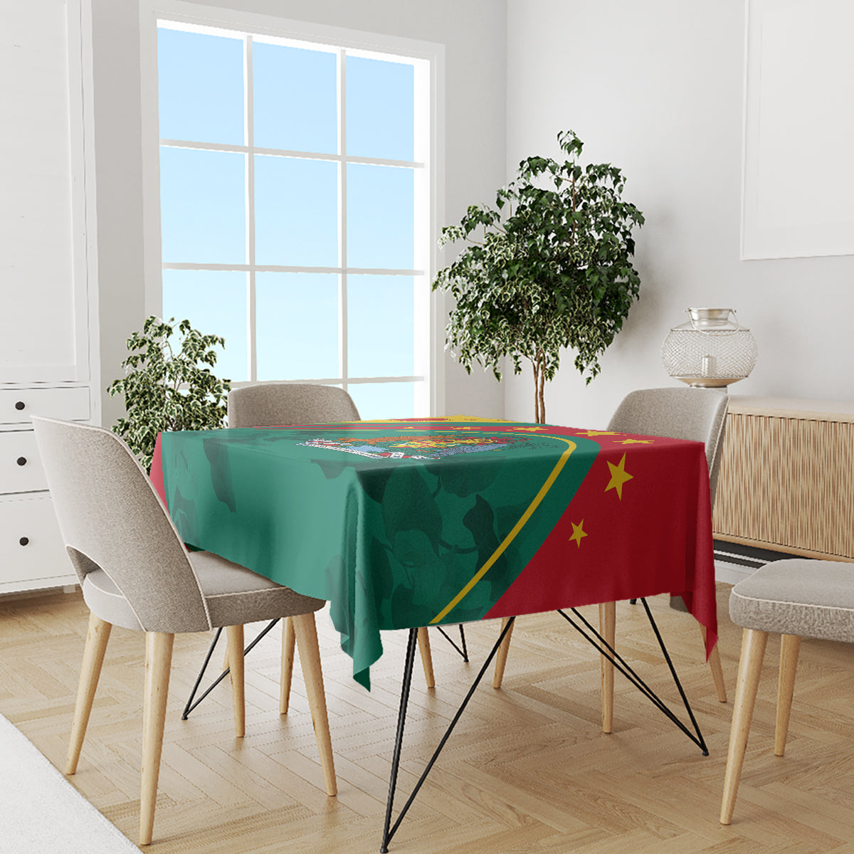 Multicolor tablecloth on dining set: green field with red corner and yellow stars
