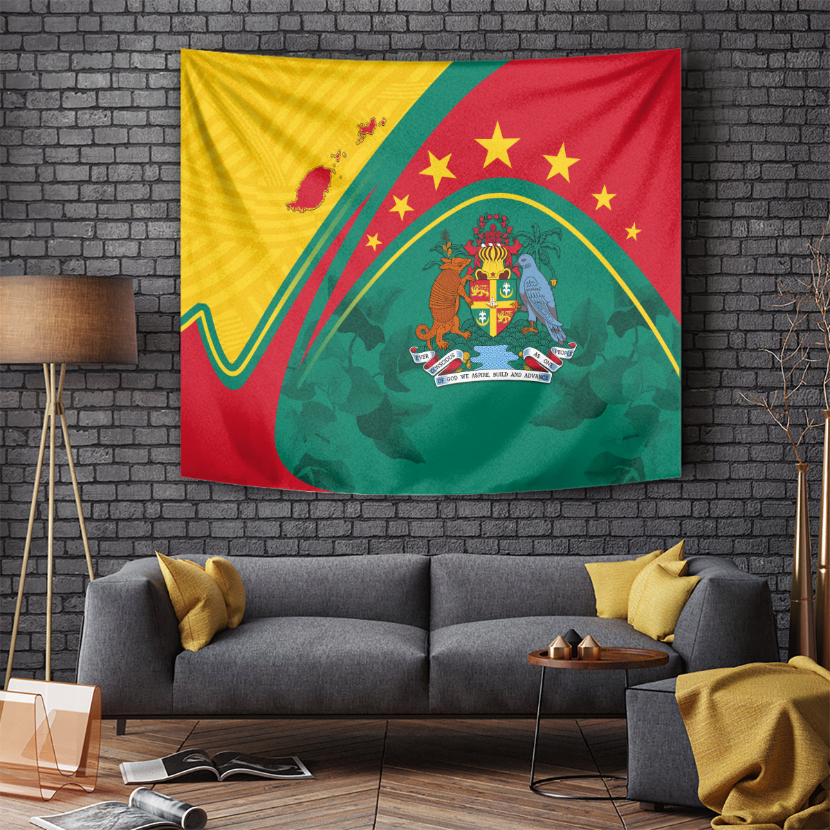Hanging Grenada tapestry featuring a central crest, green foliage, and red stars