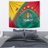 Grenada decorative tapestry with crest emblem on green, ringed by red and gold stars