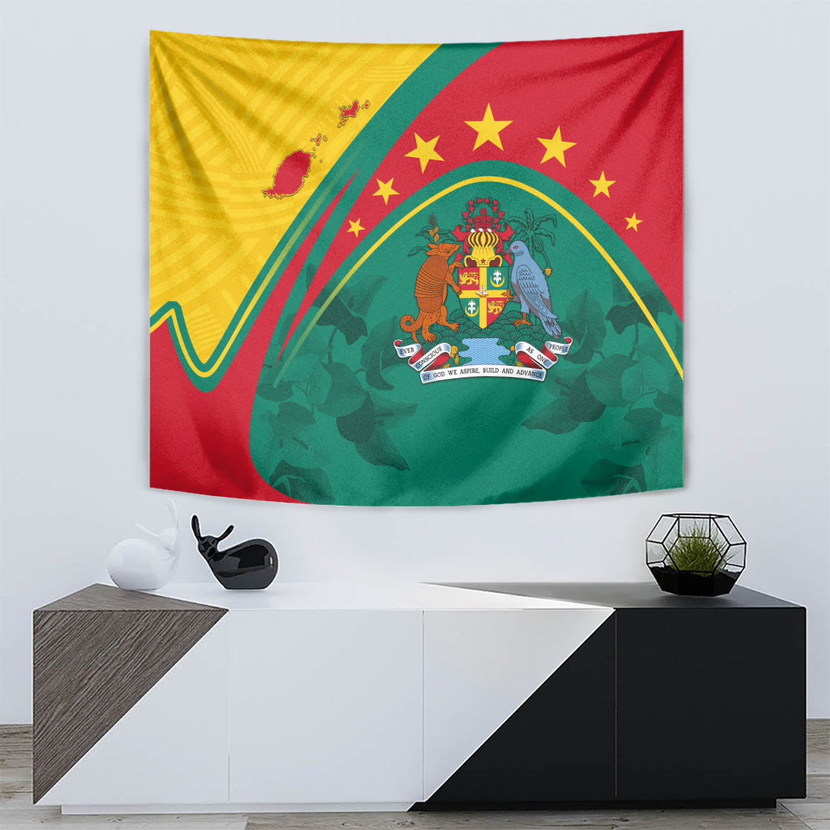 Rectangular Grenada tapestry with yellow band, red field, green crest, and star accents