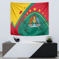 Rectangular Grenada tapestry with yellow band, red field, green crest, and star accents