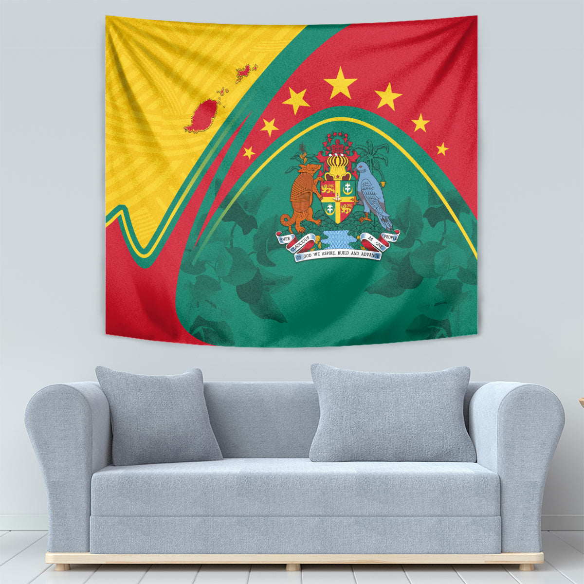 Grenada wall tapestry showing a central coat of arms, green leaves, and gold stars