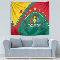 Grenada wall tapestry showing a central coat of arms, green leaves, and gold stars