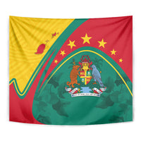 Grenada tapestry wall hanging with crest artwork, green surround, and red-gold star details