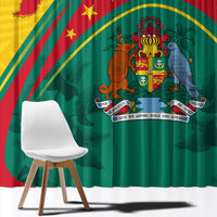 Grenada curtain panel close-up with crest emblem, stars, and red-green-yellow graphics