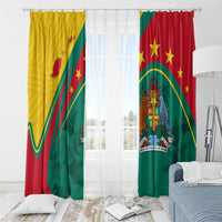 Grenada window curtain panels with metal rod top, tricolor stripes, stars, and crest