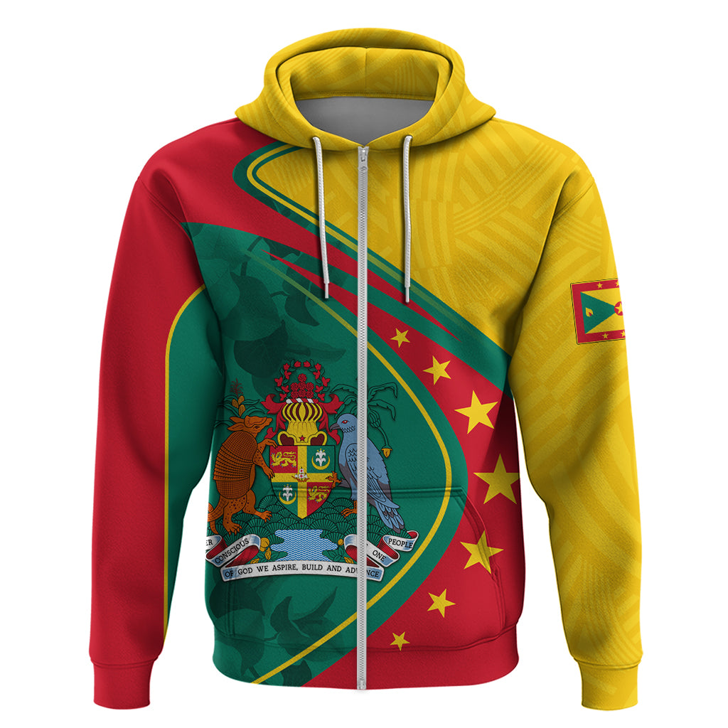 Zip-up hoodie with Grenada crest graphic, yellow hood, red-and-green front and sleeves