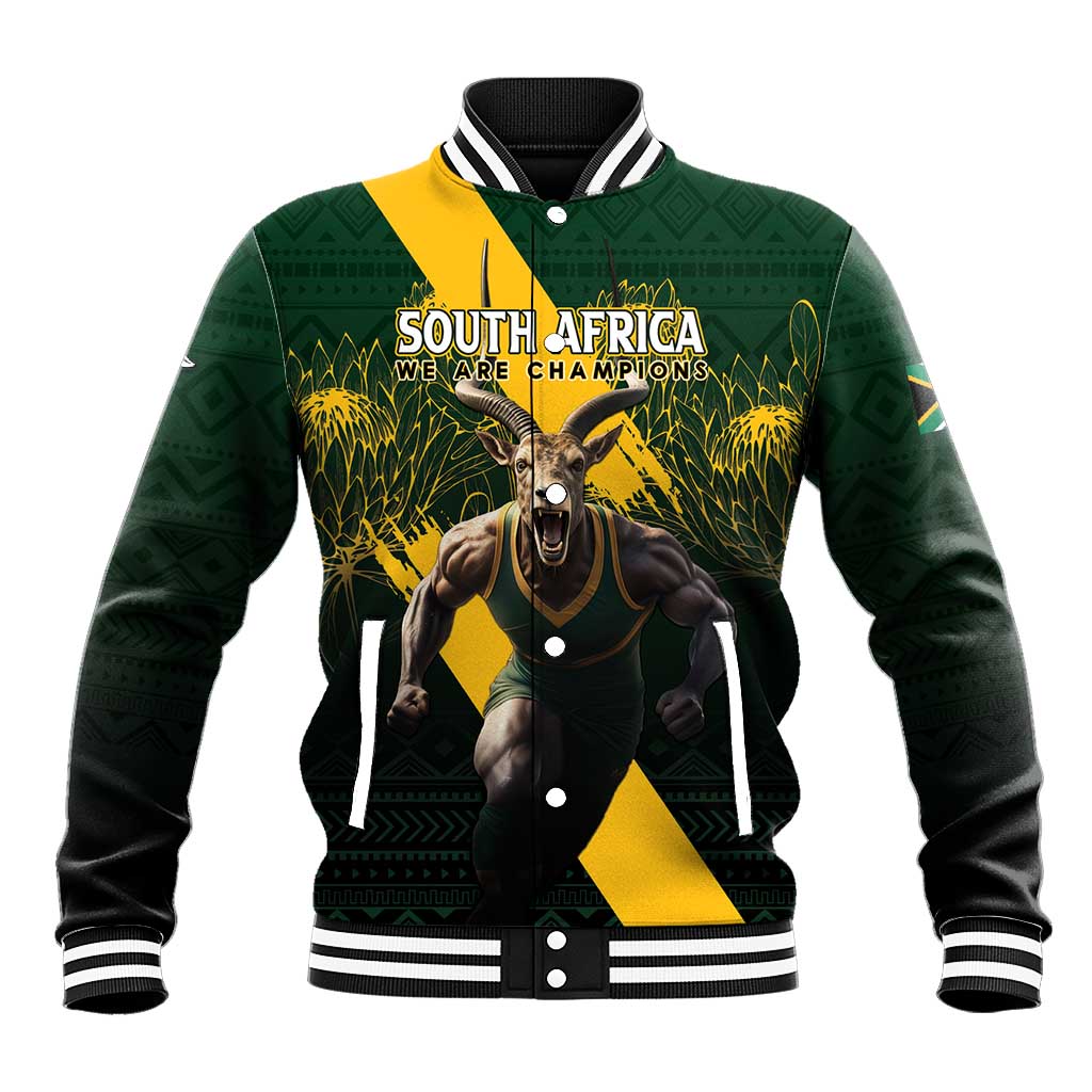 Dark green South Africa rugby baseball jacket with kangaroo graphic and striped rib collar