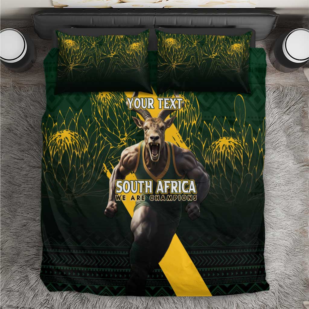 Personalized South Africa rugby bedding set, dark green with yellow chevron and animal graphic