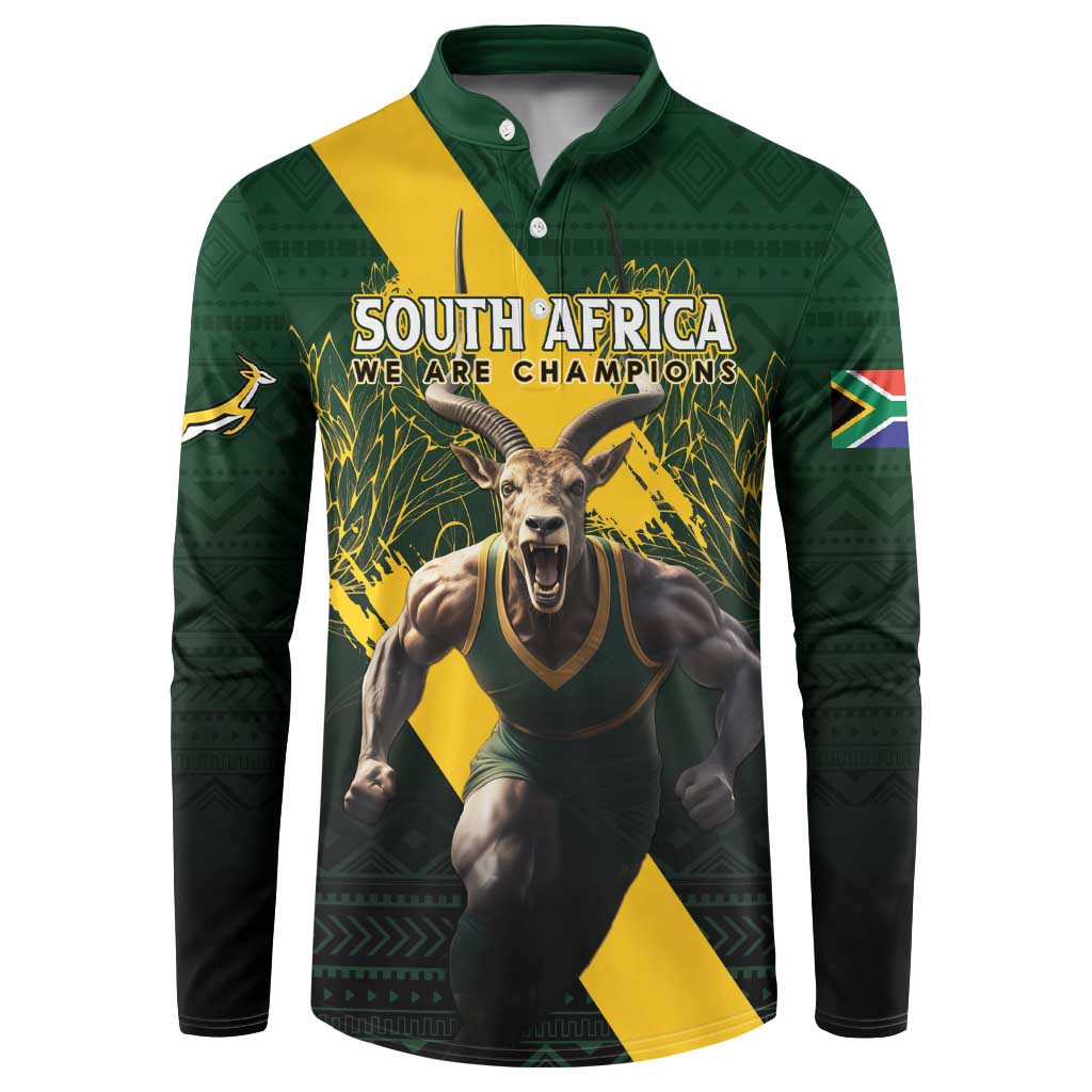 Dark green button sweatshirt with 'SOUTH AFRICA WE ARE CHAMPIONS' rugby graphic, long sleeves
