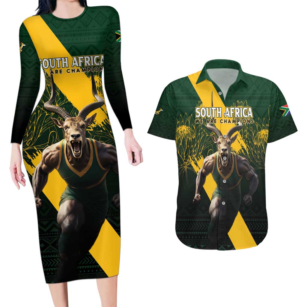 Personalised South Africa Rugby Couples Matching Long Sleeve Bodycon Dress and Hawaiian Shirt Proud Bokke We Are Champions LT7 - Wonder Print Shop