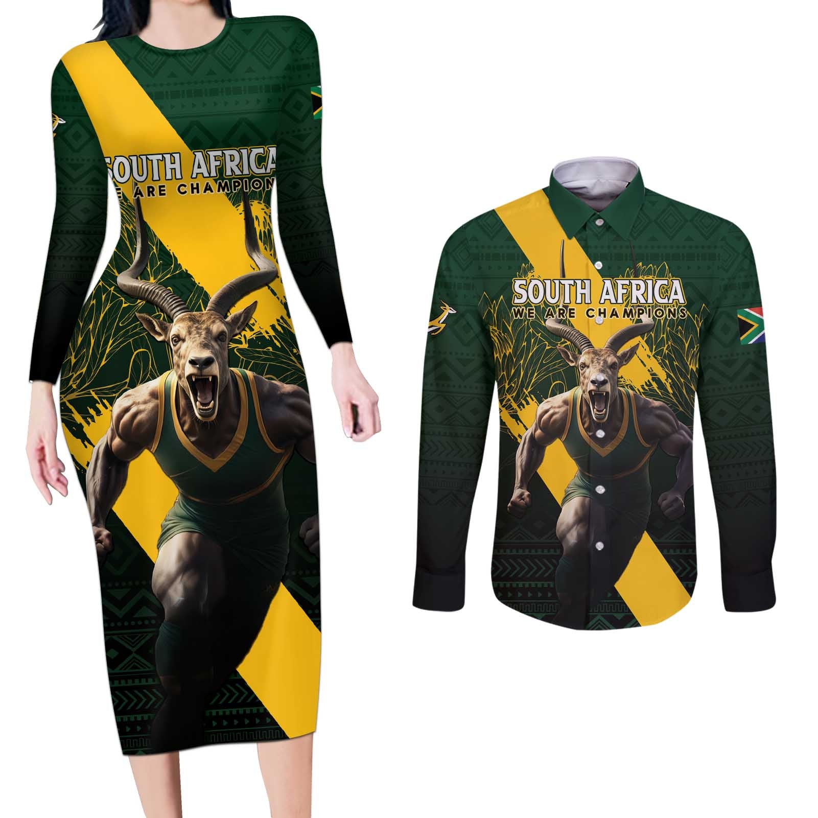 Personalised South Africa Rugby Couples Matching Long Sleeve Bodycon Dress and Long Sleeve Button Shirt Proud Bokke We Are Champions LT7 - Wonder Print Shop