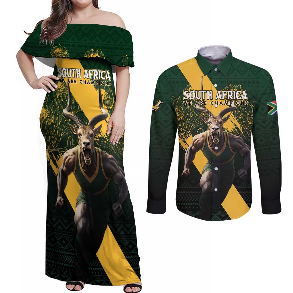 Personalised South Africa Rugby Couples Matching Off Shoulder Maxi Dress and Long Sleeve Button Shirt Proud Bokke We Are Champions LT7 - Wonder Print Shop