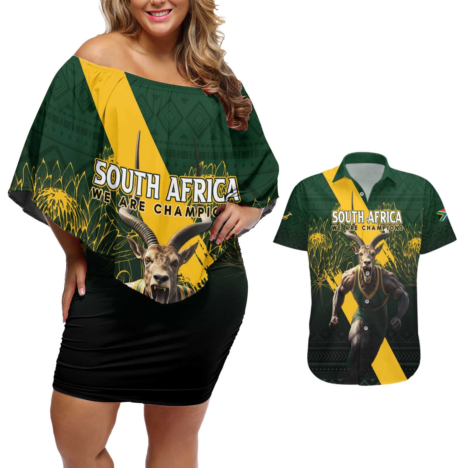 Personalised South Africa Rugby Couples Matching Off Shoulder Short Dress and Hawaiian Shirt Proud Bokke We Are Champions LT7 - Wonder Print Shop