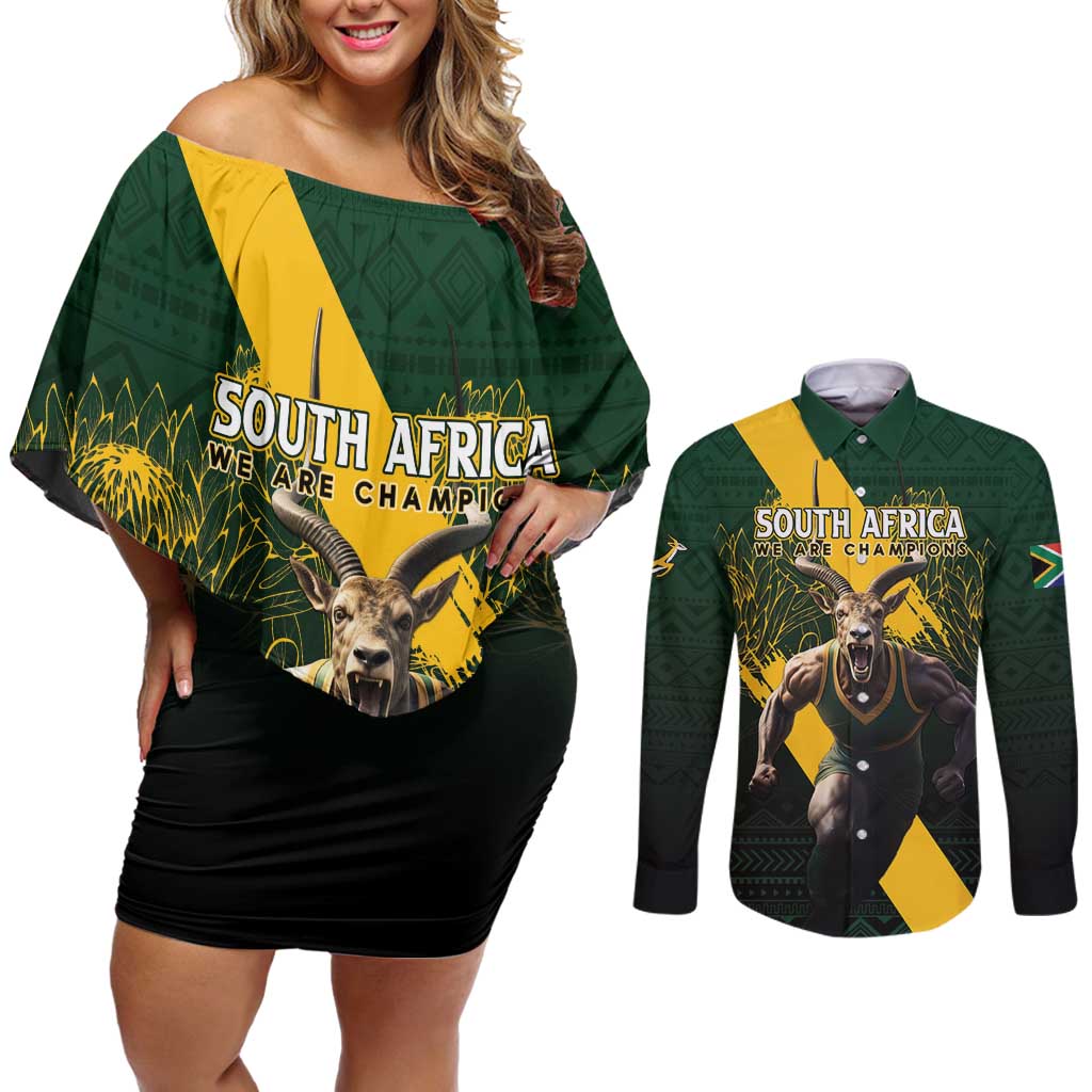 Personalised South Africa Rugby Couples Matching Off Shoulder Short Dress and Long Sleeve Button Shirt Proud Bokke We Are Champions LT7 - Wonder Print Shop