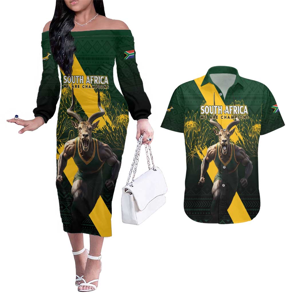 Personalised South Africa Rugby Couples Matching Off The Shoulder Long Sleeve Dress and Hawaiian Shirt Proud Bokke We Are Champions LT7 - Wonder Print Shop