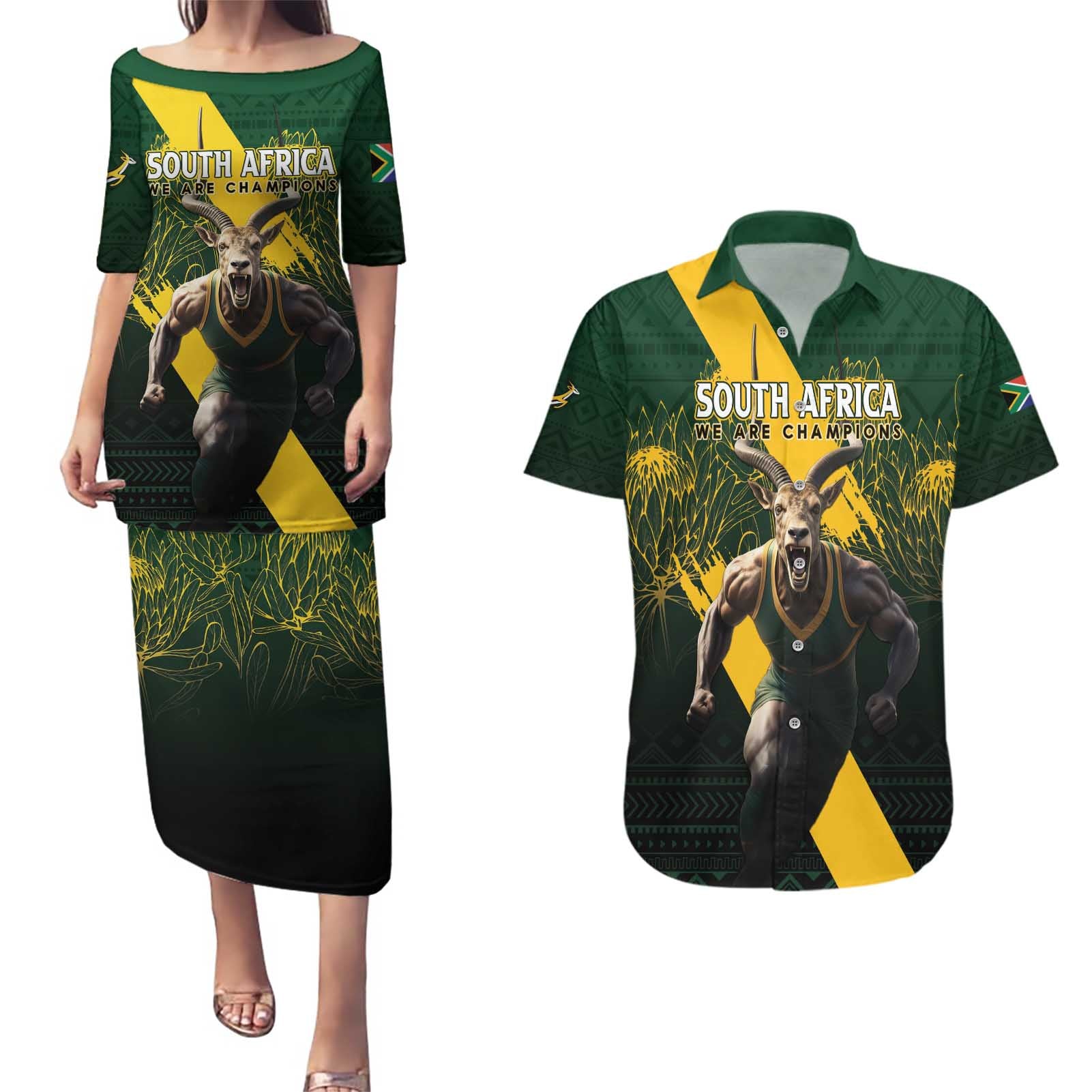 Personalised South Africa Rugby Couples Matching Puletasi and Hawaiian Shirt Proud Bokke We Are Champions LT7 - Wonder Print Shop