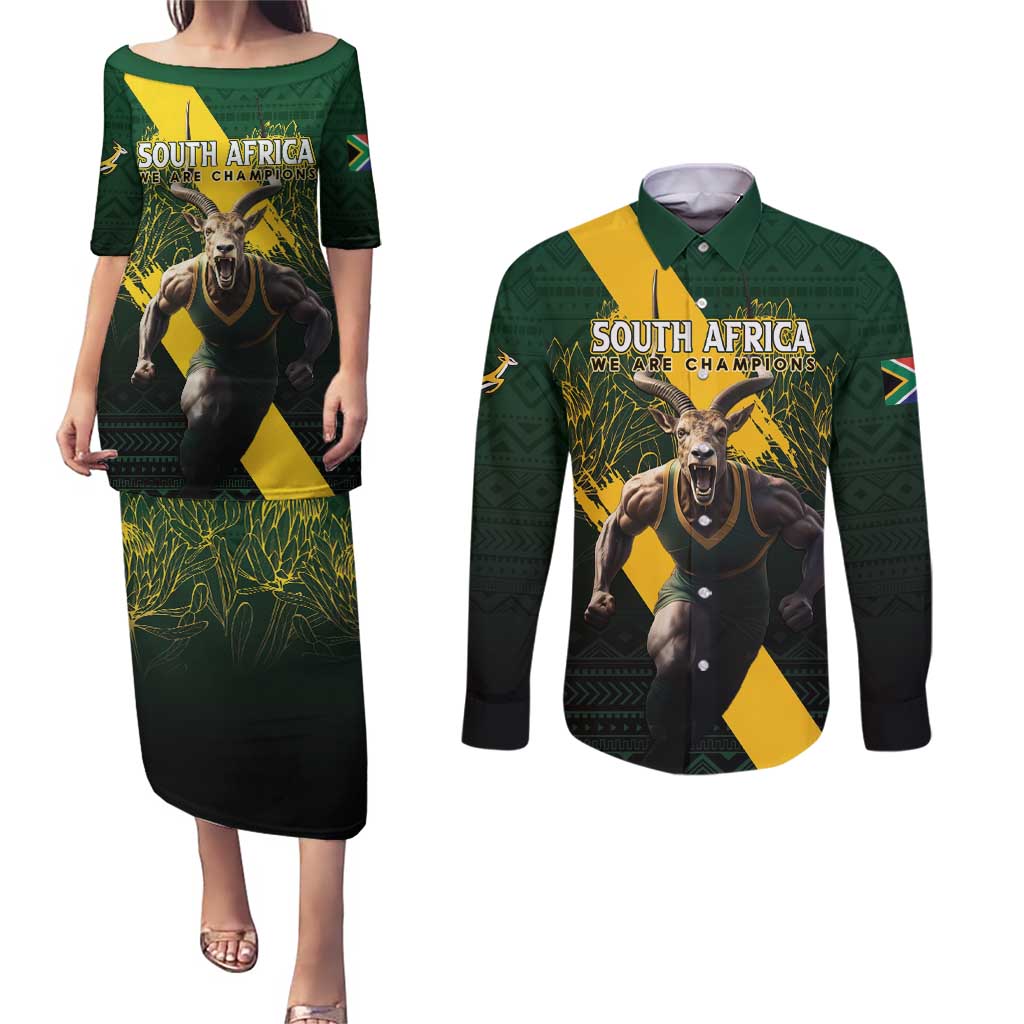 Personalised South Africa Rugby Couples Matching Puletasi and Long Sleeve Button Shirt Proud Bokke We Are Champions LT7 - Wonder Print Shop