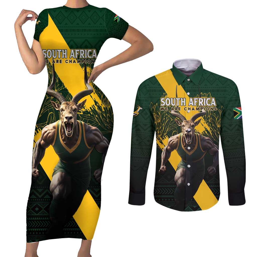 Personalised South Africa Rugby Couples Matching Short Sleeve Bodycon Dress and Long Sleeve Button Shirt Proud Bokke We Are Champions LT7 - Wonder Print Shop