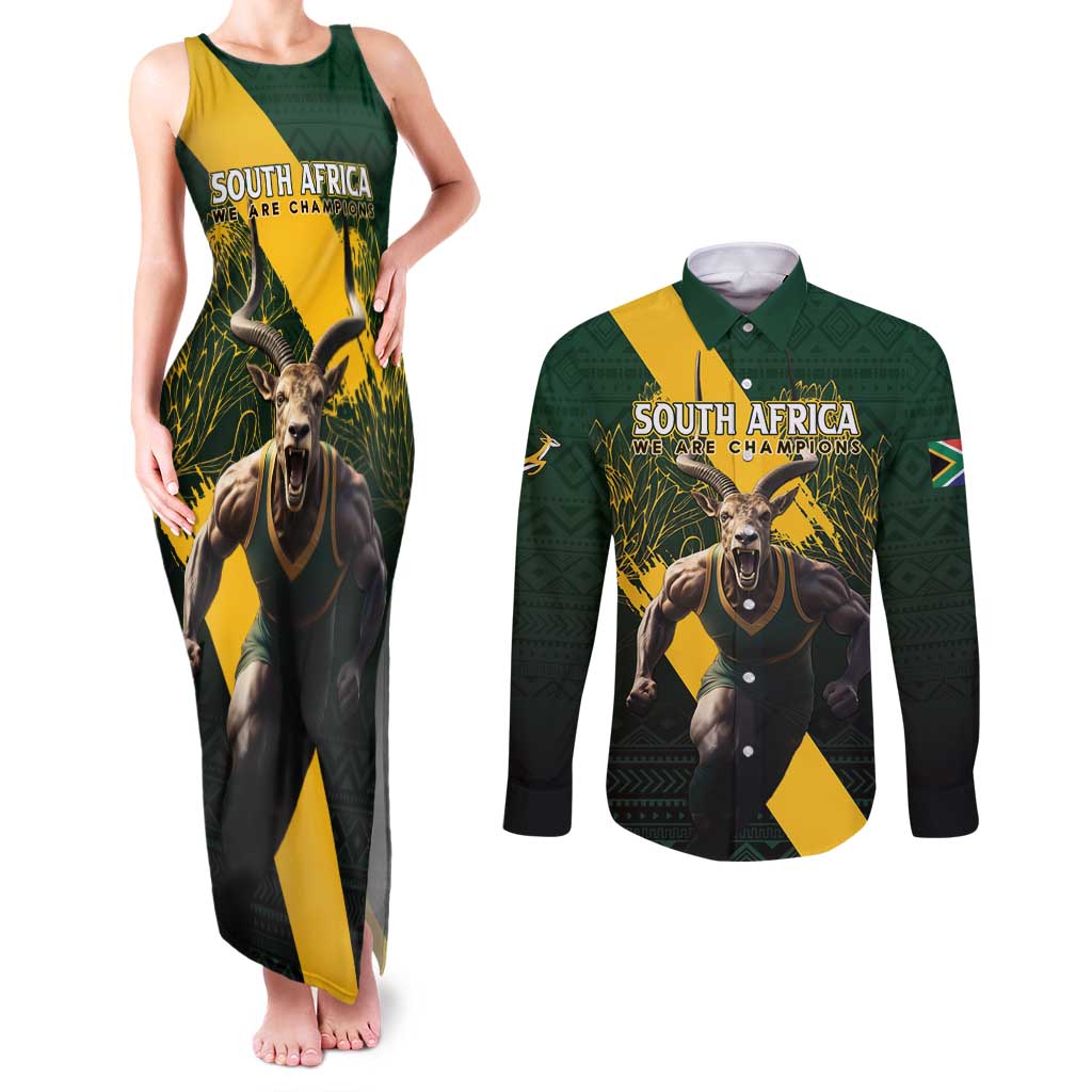 Personalised South Africa Rugby Couples Matching Tank Maxi Dress and Long Sleeve Button Shirt Proud Bokke We Are Champions LT7 - Wonder Print Shop