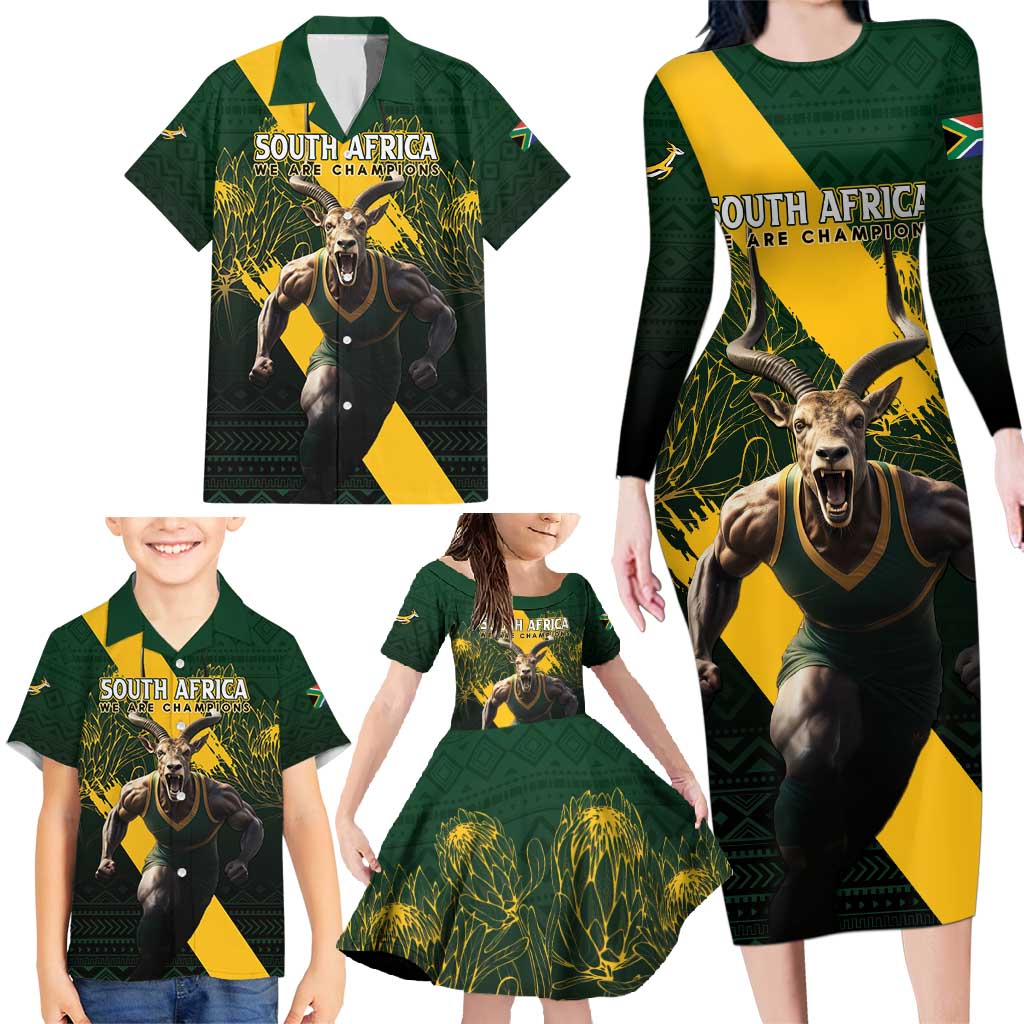 Personalised South Africa Rugby Family Matching Long Sleeve Bodycon Dress and Hawaiian Shirt Proud Bokke We Are Champions LT7 - Wonder Print Shop