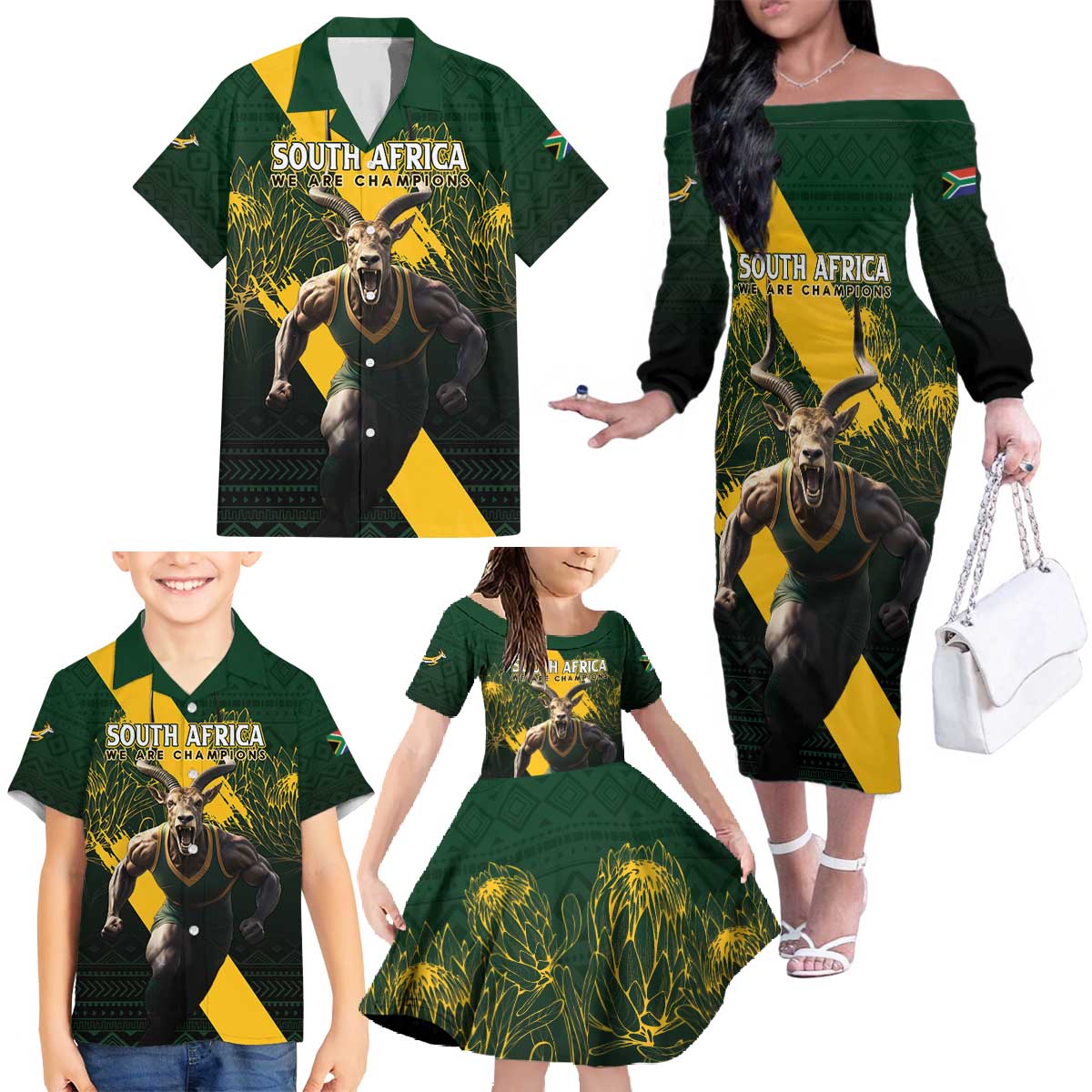 Personalised South Africa Rugby Family Matching Off The Shoulder Long Sleeve Dress and Hawaiian Shirt Proud Bokke We Are Champions - Wonder Print Shop