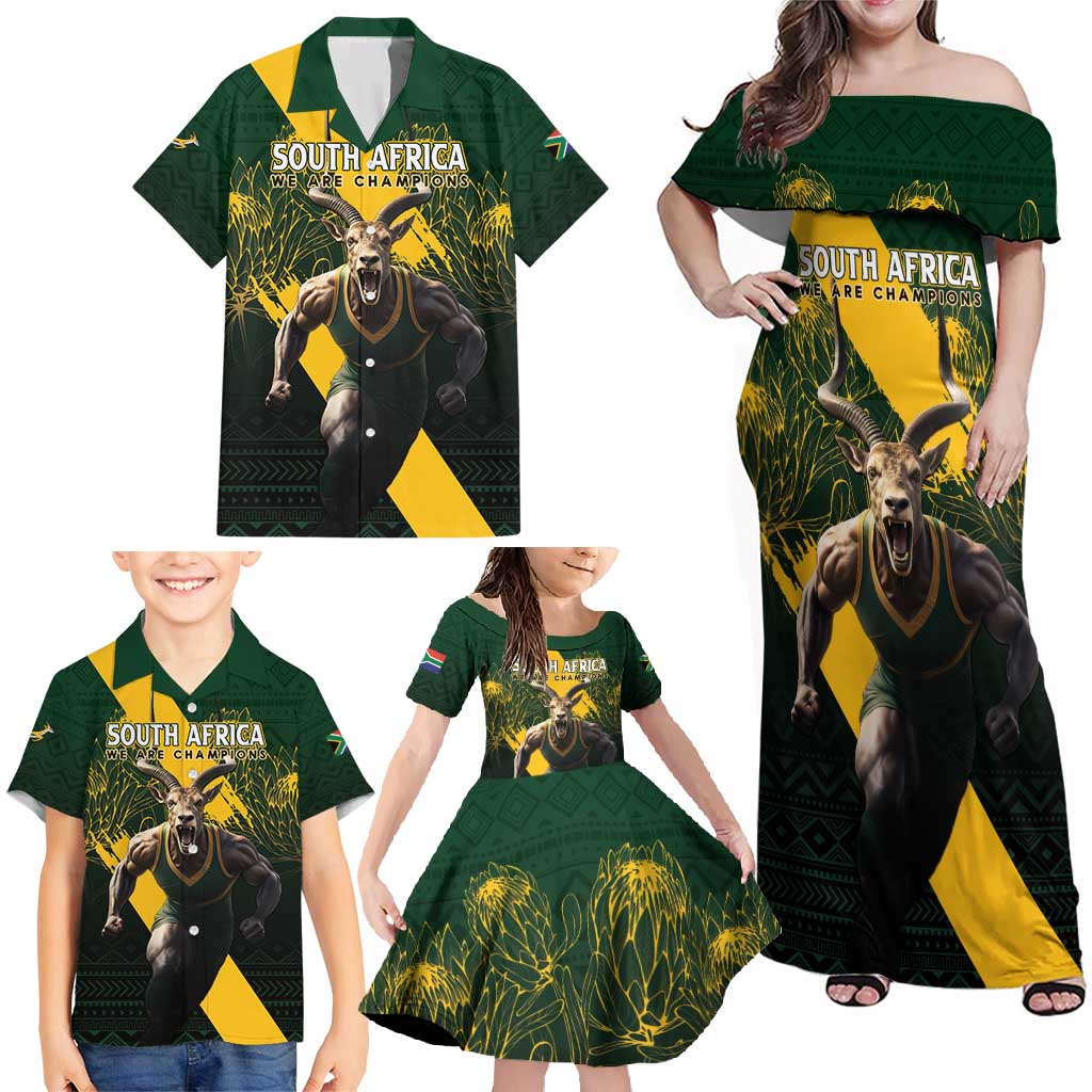 Personalised South Africa Rugby Family Matching Off Shoulder Maxi Dress and Hawaiian Shirt Proud Bokke We Are Champions LT7 - Wonder Print Shop