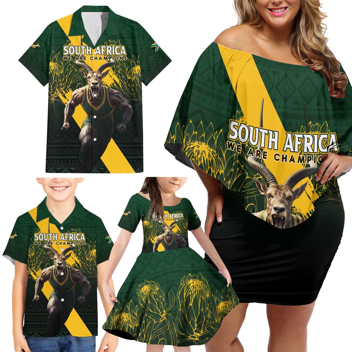 Personalised South Africa Rugby Family Matching Off Shoulder Short Dress and Hawaiian Shirt Proud Bokke We Are Champions LT7 - Wonder Print Shop