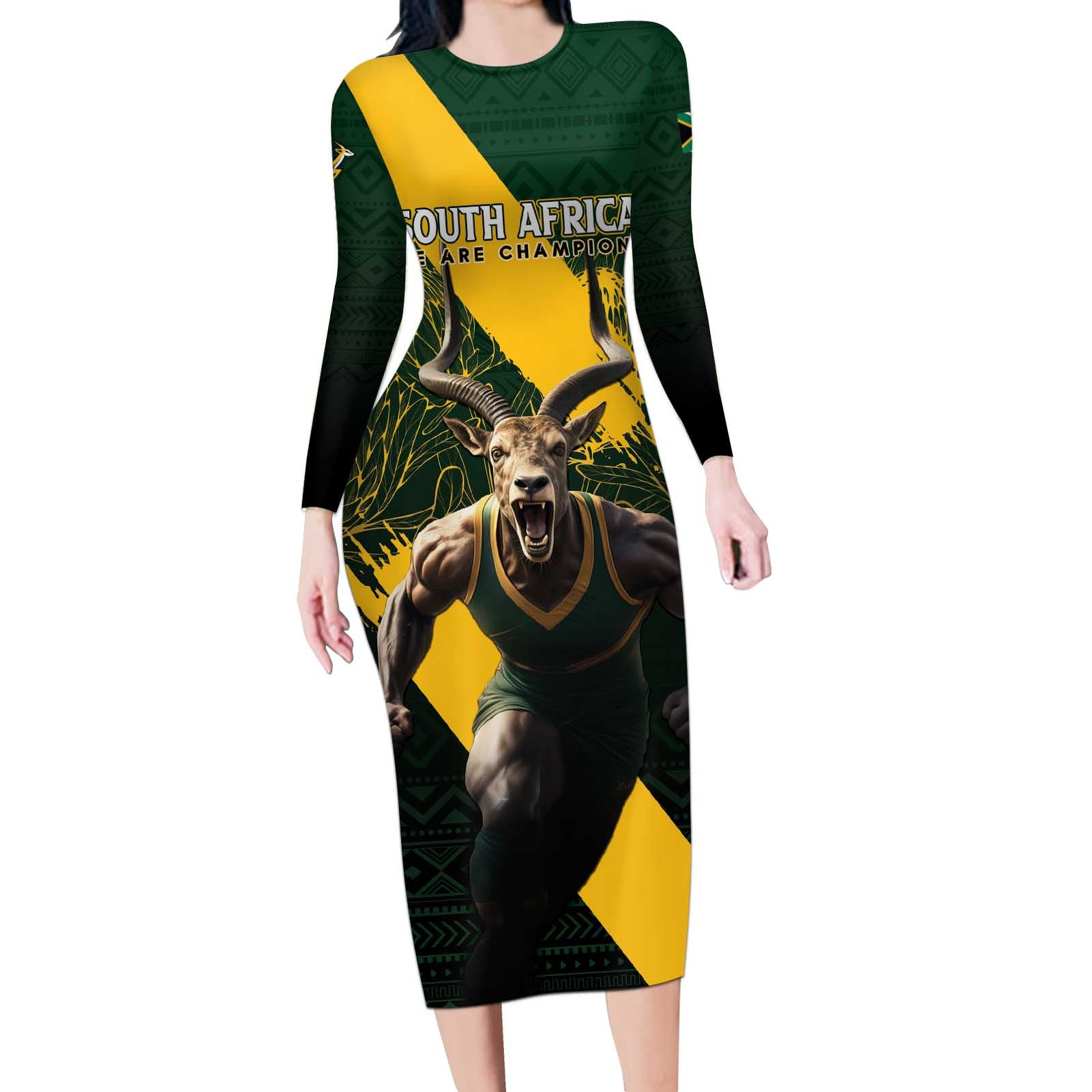 Personalised South Africa Rugby Long Sleeve Bodycon Dress Proud Bokke We Are Champions - Wonder Print Shop