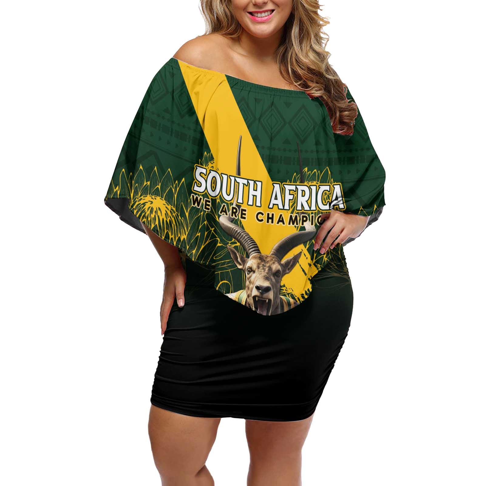 Personalised South Africa Rugby Off Shoulder Short Dress Proud Bokke We Are Champions - Wonder Print Shop