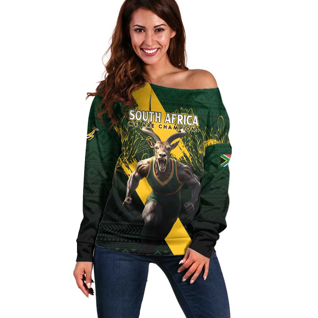 Personalised South Africa Rugby Off Shoulder Sweater Proud Bokke We Are Champions - Wonder Print Shop