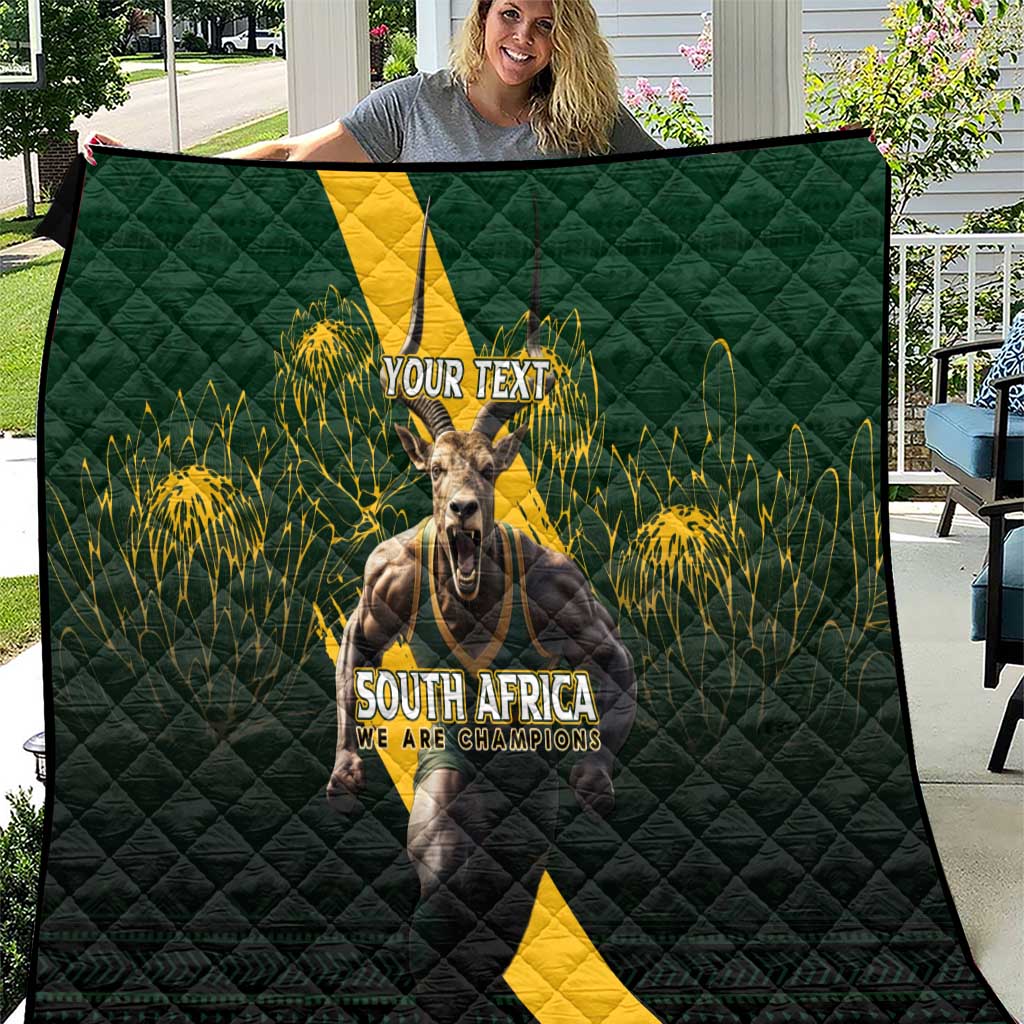 Dark green personalized rugby quilt with Springbok graphic, yellow accents, 'YOUR TEXT' panel