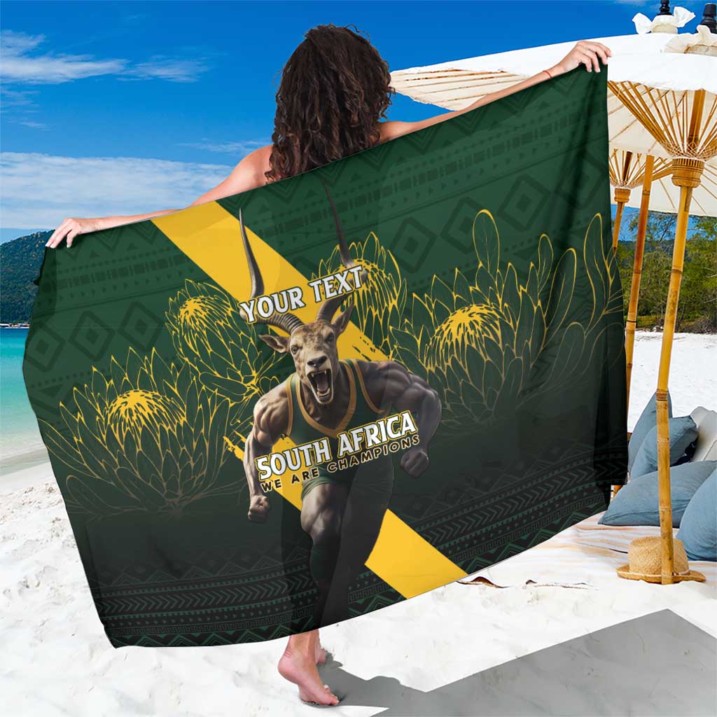 Dark green rugby sarong with large South Africa crest and “YOUR TEXT” centered graphic