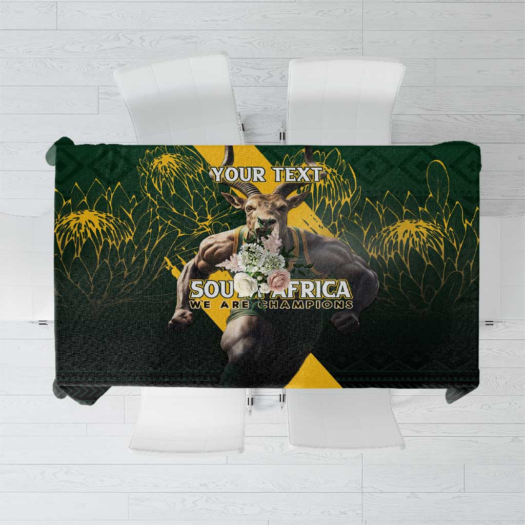 Dark green South Africa rugby tablecloth with yellow accents and champion graphic in center