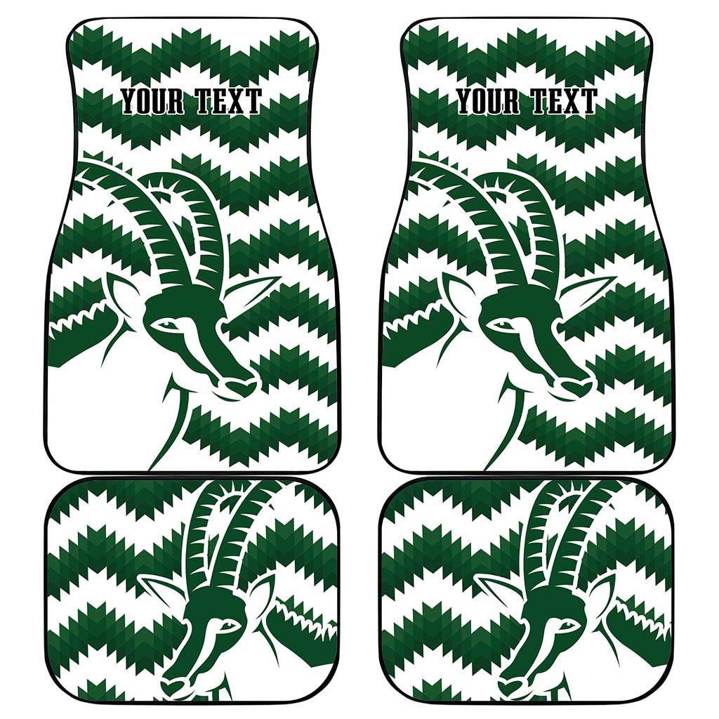 Personalized car mat set, white and green zigzag with 'YOUR TEXT' and bird graphic