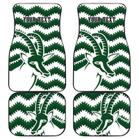 Personalized car mat set, white and green zigzag with 'YOUR TEXT' and bird graphic