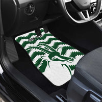 Front seat car mat, white with green zigzag bird logo and 'YOUR TEXT' text