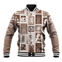 Brown retro patchwork baseball jacket with holiday graphic print, striped ribbed collar