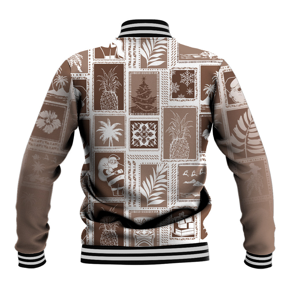Brown patchwork baseball jacket back view with holiday print and striped ribbed hem