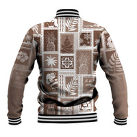 Brown patchwork baseball jacket back view with holiday print and striped ribbed hem