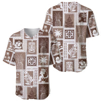 Brown patchwork baseball jersey with white tiki and palm graphic blocks, short sleeves