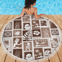 Round patchwork beach blanket in brown with white square prints and fringed trim