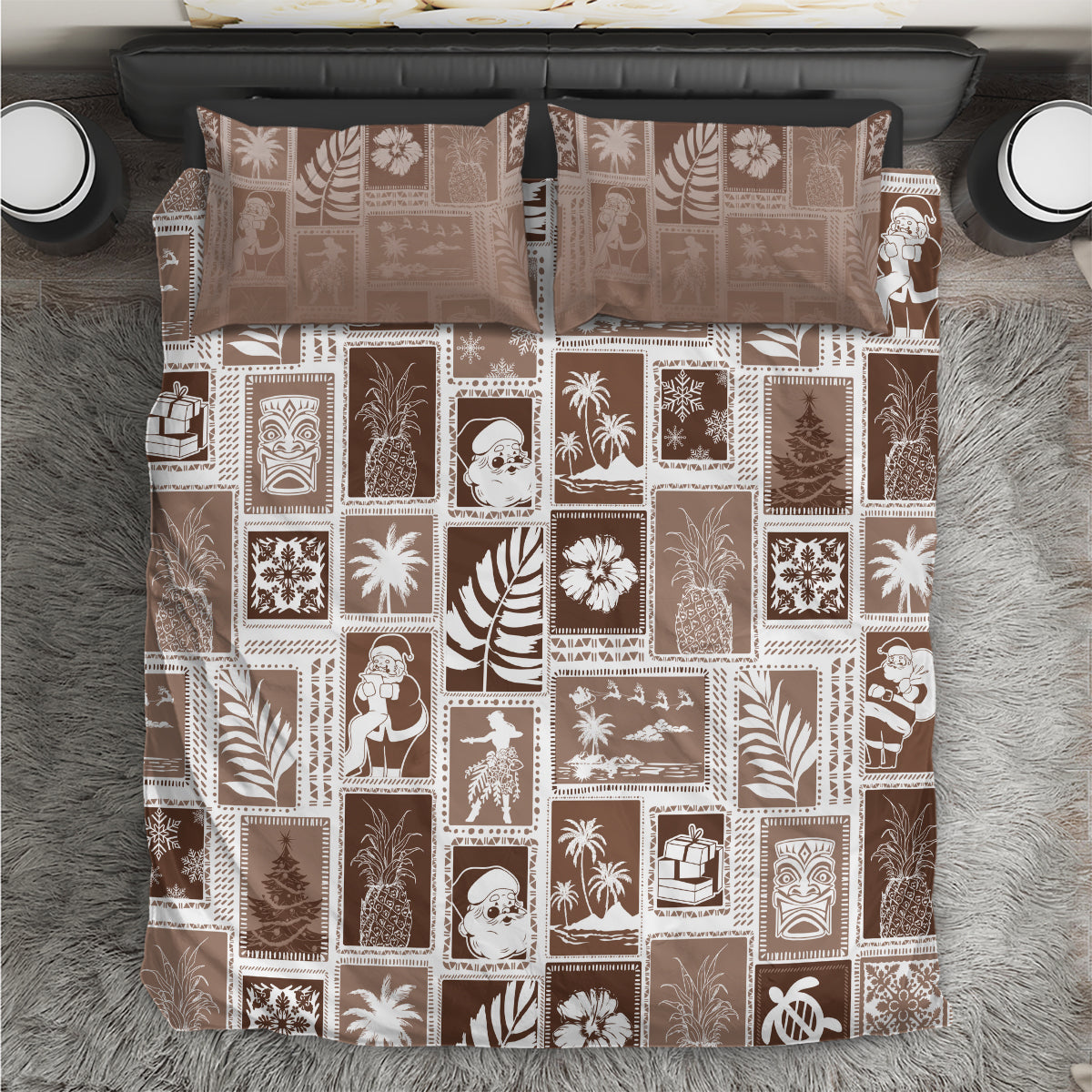 Brown patchwork bedding set with festive island prints and matching pillow covers